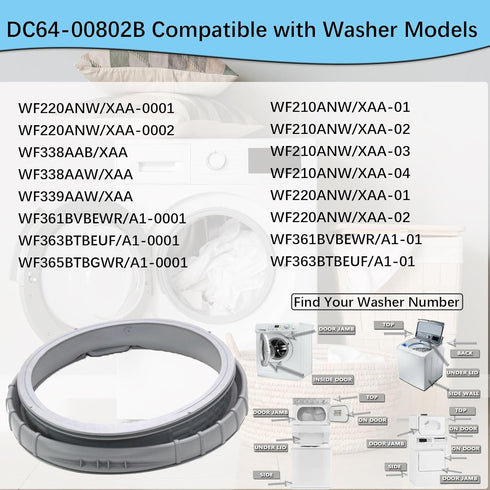 DC64-00802B Washer Door Boot Seal Gasket Compatible with Samsung Washer Models, Replaces PS4210921, AP4342944
