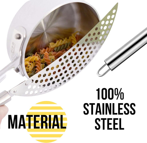 Held Crescent Drainer Pan Strainer with Handle, Stainless Steel Food Colander for Spaghetti, Noodles, Vegetables