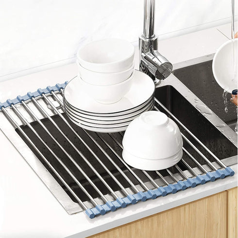 Over The Sink Dish Drying Rack - Roll Up Stainless Steel Kitchen Dish Rack, Foldable Dish Drainer, Gray