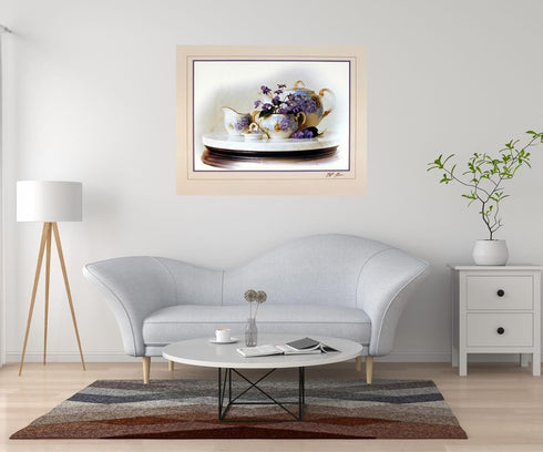 Country Wall Decor Art Print Poster, Violets Flowers & Kettle Tea Pot Still Life (16x20)