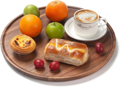 Countertop (13.8 inch) Round Wood Tray, Acacia Wooden Decorative Serving Tray for Coffee Table and Home Decor, Wooden