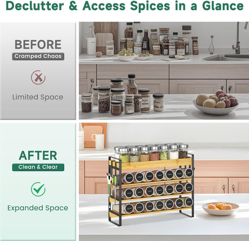 Countertop, 4 4 EsLuker.ly Spice Seasoning Rack Organizer Kitchen Tier Bamboo Spice Shelf Holder Storage with Hooks