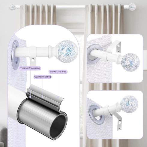 White Curtain Rods for Windows 72 to 144 Inch, 1 Inch Adjustable Heavy Duty Long Curtain Rod