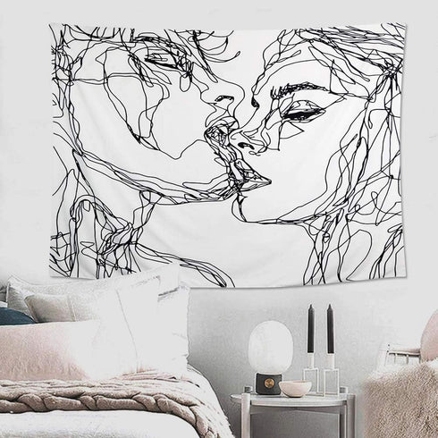 Ruibo Kissing Couple Abstract Sketch Art Wall Hanging Tapestry, Beach Throw, 59" x 51"