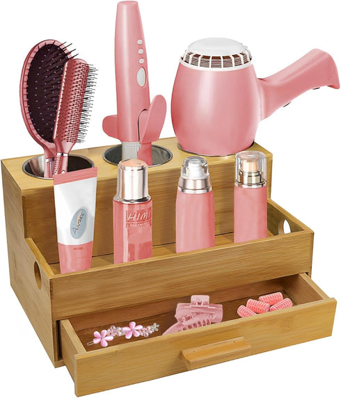 Hair Tool Storage Organizer - Bamboo Hair Organizer for Bathroom, Kitchen, and Makeup, Perfect for Blow Dryer &