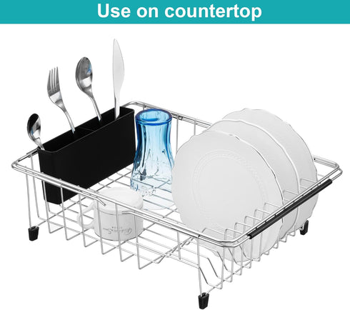 iPEGTOP Expandable Multifunctional Dish Drying Rack, Over The Sink or On Counter Dish Drainer with Black Utensil Holder