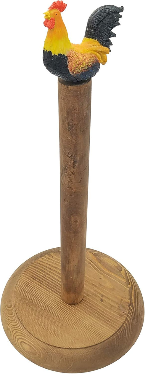 Rooster Design Rustic Brown Wood Paper Towel Holder Stand Up Paper Towel Holder, Easy One-Handed Tear Kitchen Paper