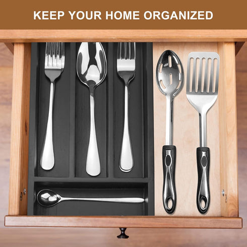 Small Cutlery Tray Narrow Wooden Silverware Organizer 12" x 6.7" Spoon Drawer Kitchen Utensil Tray for Drawer Insert Bamboo Cutlery Drawer Organizer Black Wood Silverware Tray Flatware Organizer by Ayiaren