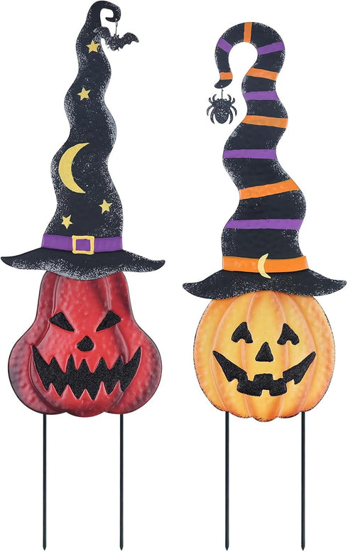 YEAHOME Halloween Decorations Outdoor - 2 Pack Metal Pumpkin Garden Stakes with Witch Hats