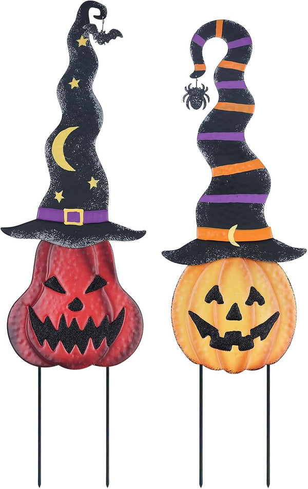 YEAHOME Halloween Decorations Outdoor - 2 Pack Metal Pumpkin Garden Stakes with Witch Hats