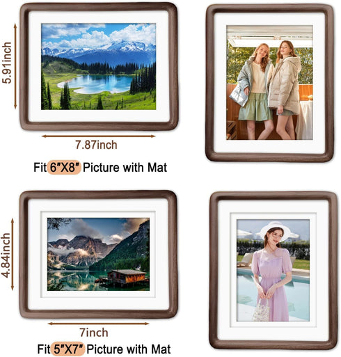 RRQKMBO 8x10 6x8,Rounded Natural Dark Walnut Solid Wood Picture Frames, Hand Make Crafted Original Wood Frame with Mat