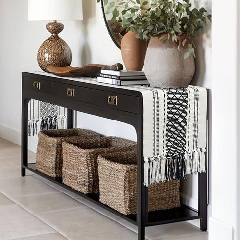 72 Inches yuboo Black and White Table Runner Farmhouse Style, Modern Long Geometric Woven Coffee Table Runner Long