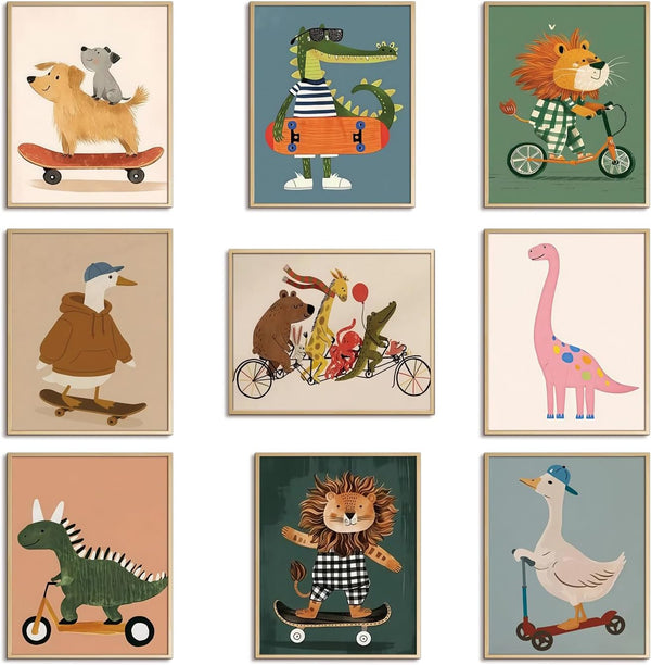 SAMHOU Kids Room Wall Art Set of 9, Funny Cute Cartoon Animal Canvas