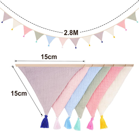 9Ft Pre-Strung Cotton Fabric Bunting Banner, Morandi Triangle Pennant Banner Flag, Double-Sided Bunting Garland