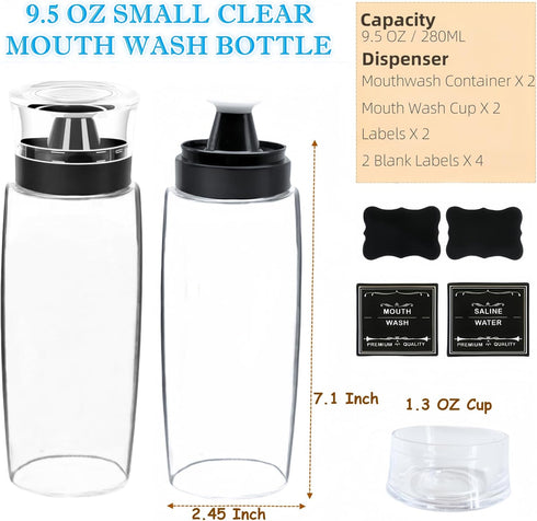Suaetiai 2 Pack 9.5 OZ Countertop/8 Glass Mouthwash Dispenser, Leakproof Mouth Wash Container Bottle with Cup Lid