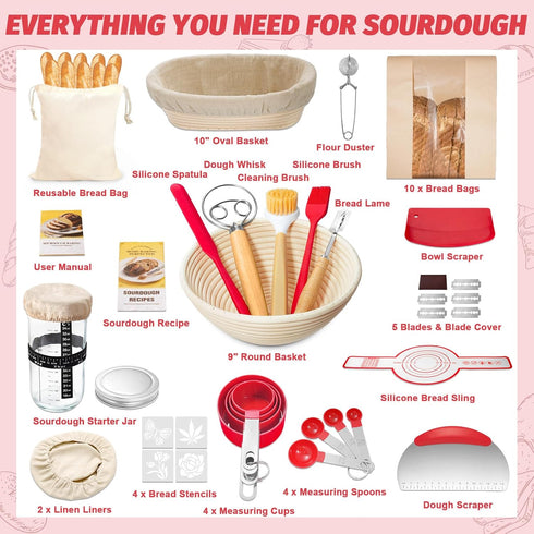 EWFEN Sourdough Starter Kit with Round & Oval Banneton, Complete Sourdough Bread Baking Supplies, Bread Proofing Basket