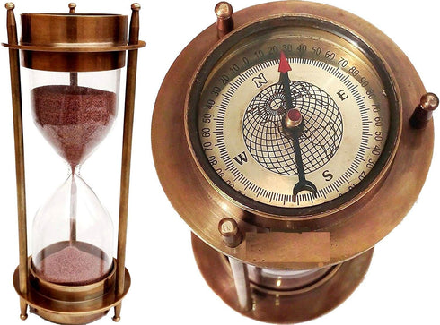 7" Nautical Brass Sand Timer Hourglass with Maritime Brass Compass