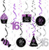 Sweet 16 Birthday Decorations Purple Silver Black, 16th Birthday Party Decor with Foil Hanging Swirls for Women/Girls