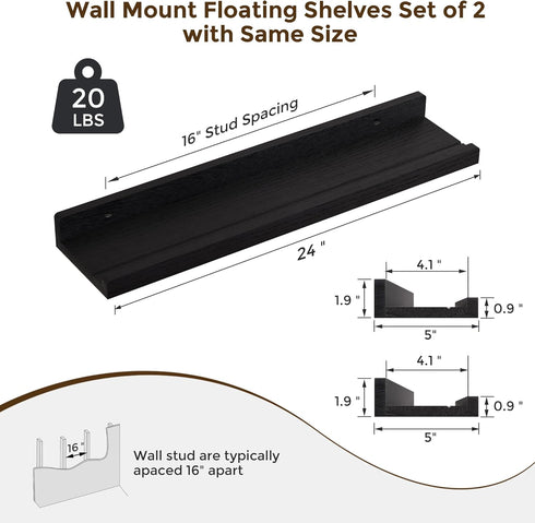 24 inch Set 2, RICHFOCUS Floating Shelves for Wall, Solid Wood Picture Ledge Shelf for Wall Storage, Nursery Book