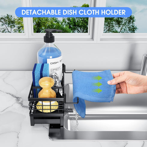 Rustproof Metal Sink Caddy with Detachable Dish Cloth Holder - Black