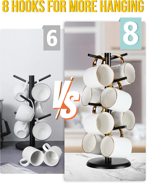 Lorbro Coffee Mug Tree with 8 Hooks, Bamboo Countertop Mug Stand, Kitchen Organizer Storage Stand (Black)