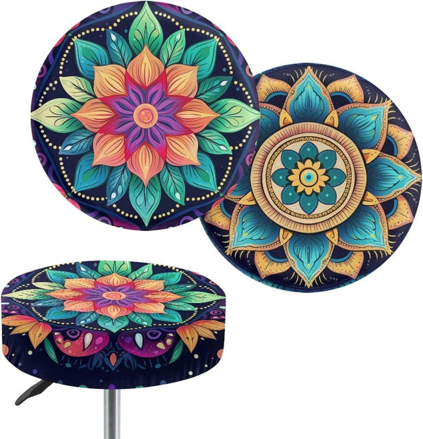 Jeiento Bohemian Stool Covers Green Boho Mandala Round Stool Cushion Cover Elastic Bar