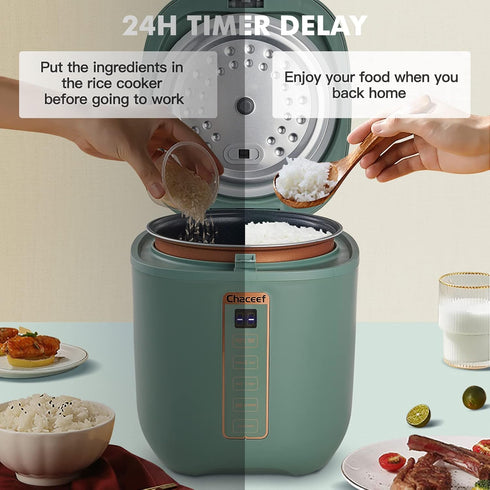 CHACEEF Mini Rice Cooker, 2-Cups Uncooked, 1.2L Portable Non-Stick Cooker with 24-Hour Timer & Food Steamer, Green