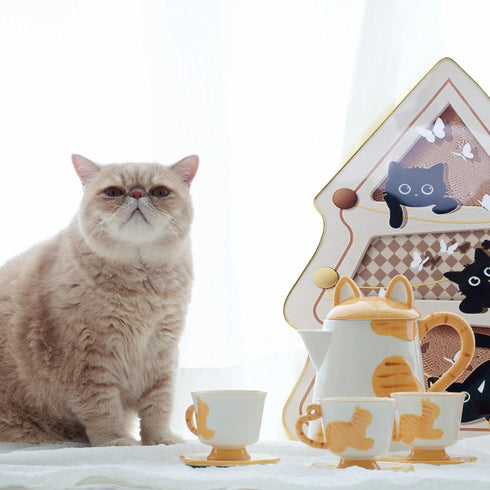 CSZPJLALA Set,Cute Set 4,Perfect Sets 4) Ceramic Cat Tea Cat Paw Tea Mugs And Saucers Of Cat Themed Gifts,Lovely Cat