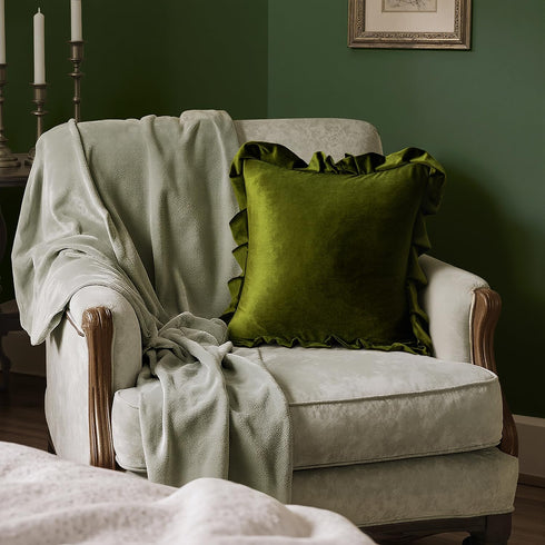 Pack 2 20x20 Inch MIULEE Velvet Ruffle Throw Pillow Covers Soft Luxurious Olive Green of Square Cushions Vintage Gothic