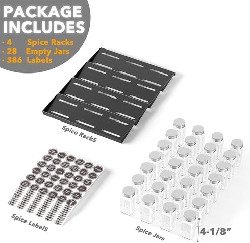 28 386 4 13" 17.5" SpaceAid Spice Drawer Organizer with Spice Jars, Spice Labels, Tier Seasoning Rack Tray Insert