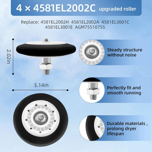 Dryer Drum Roller Replacement Compatible with LG Models, Includes Roller Kit & Dryer Belt