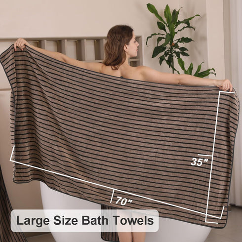 8 Set-2 Towels,2 Towels,4 600GMS Pcs Polyester Brown Cabana Stripe Large Bath Towel Bathroom Hand Washcloths