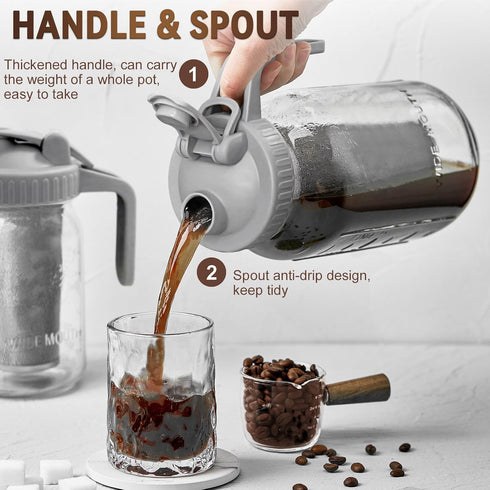 Cold Brew Coffee Maker, 2 Quart 64oz Stainless Steel Filter Pitcher Jar, Easy to Clean Cold Coffee Maker