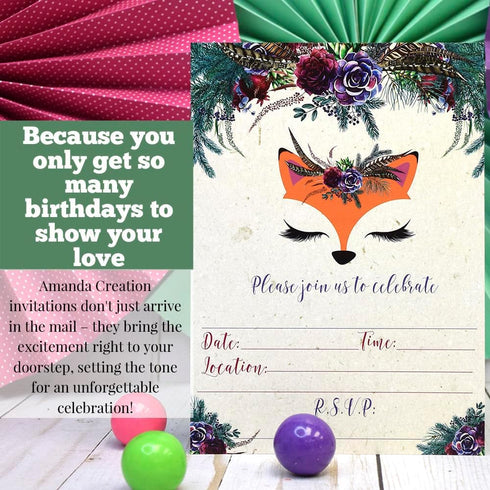 Woodland Forest Fox Face Floral Birthday Party Invitations - 20 Fill In Cards with White Envelopes by AmandaCreation