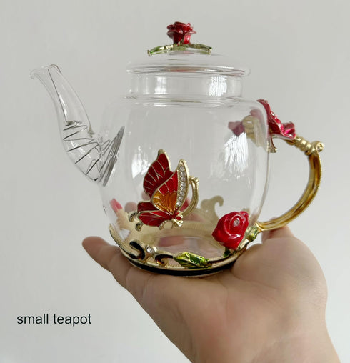 Creative Crystal Glass Teapot for Kung Fu Tea, Good Gift for Sister, Mom, Grandma, Red Rose