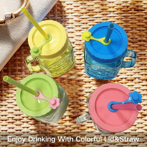 Mason Jar Lids Regular Mouth Canning Lids with Straw Hole, Plastic Straws, Silicone Stoppers, Rings, Cleaning Brush (26