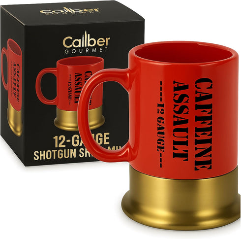Caliber Gourmet 12-Gauge Shotgun Shell Mug – Bold Red Ceramic Coffee Mug, Unique Gift for Hunters & Collectors