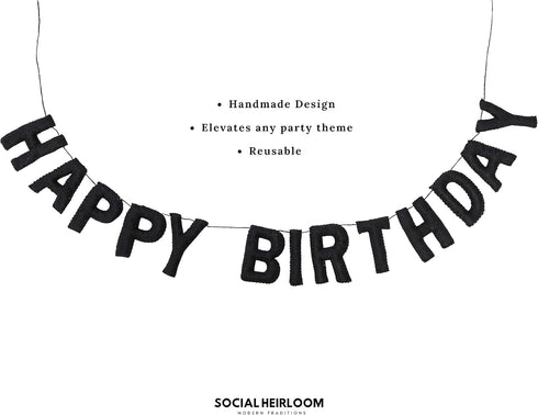 Happy Birthday Felt Fabric Banner, Black Birthday Garland, Reusable Elegant Decoration for Birthday Party