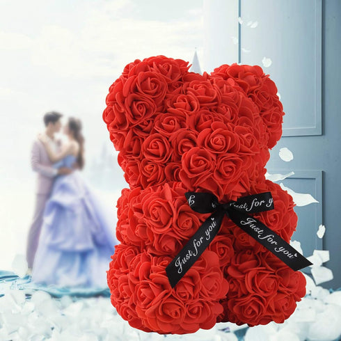 LINKLO Rose Bear - 10 inch Artificial Rose Flower Teddy Bear Gift for Wedding, Mothers Day (Red)