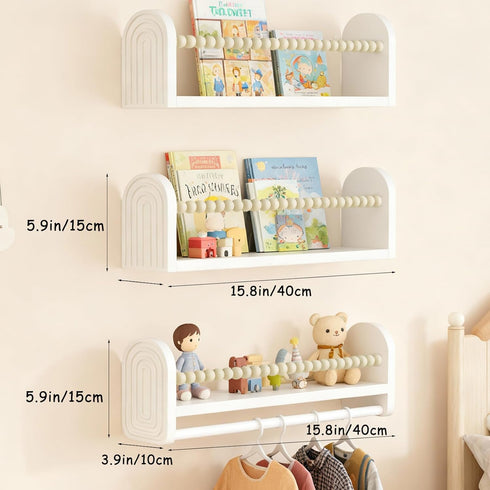 Set 3, OurWarm Nursery Book Shelves for Wall of White Natural Wood Nursery Floating Shelves with Towel Bar, Wall