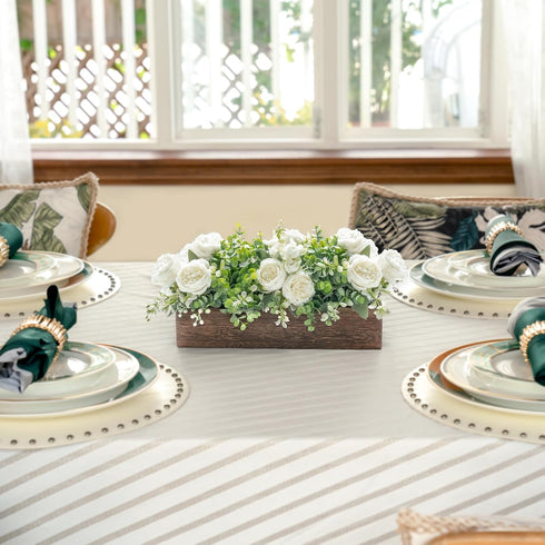 Dahey Centerpiece Table Decorations for Dining Room, Farmhouse Table Decor Wood Tray with 3 Artificial Flowers, 14.1" x