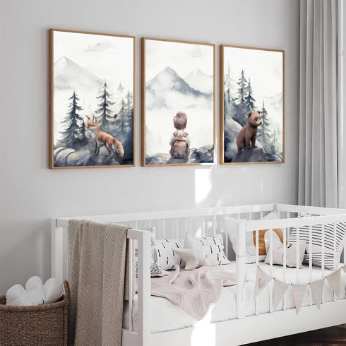 Generic 3Pcs (12x16 Boy Adventure Nursery Wall Art Woodland Animals Bear & Fox Wall Decor Picture Watercolor Mountain