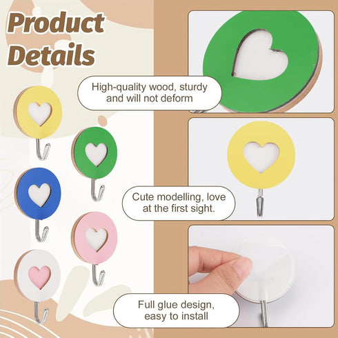 Wooden Double Heart-Shaped Self-Adhesive Hooks, 5pcs Key Holder Coat Hook for Home Office Hotel Wall Decoration