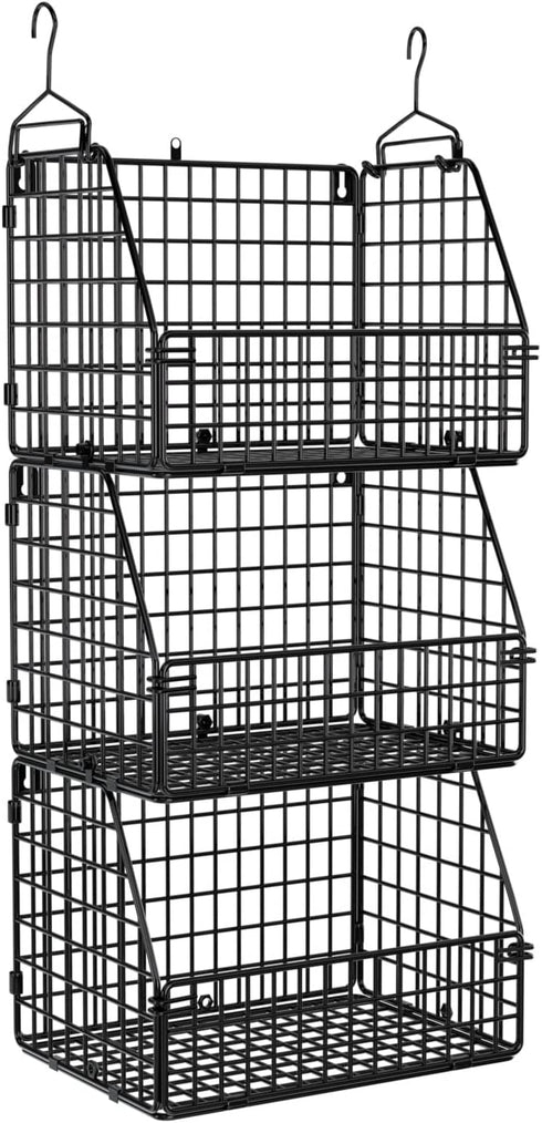 Stackable Wire Storage Baskets for Kitchen, Closet, Pantry, Wall Mount Metal Bins for Clothing, Vegetable & Fruit