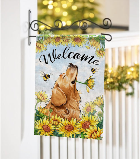 Welcome Spring Summer Golden Retriever Dog Garden Flag, Pet Sunflowers Bee Decorations, 12x18 Double Sided
