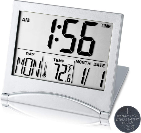 Digital Travel Alarm Clock, Battery Operated, Portable Large Number Display with Temperature, Silver