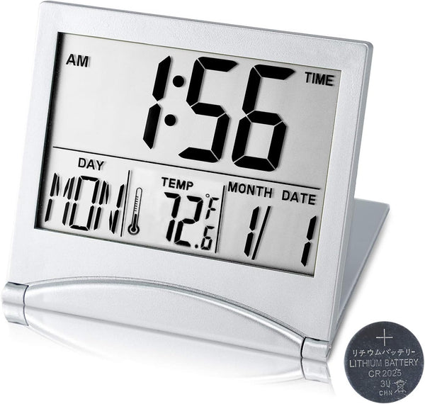 Digital Travel Alarm Clock, Battery Operated, Portable Large Number Display with Temperature, Silver