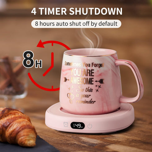 Coffee Mug Warmer & You are Awesome Mug Set, Electric Cup Warmer for Desk with 3 Temperature Settings, 8-Hours Auto