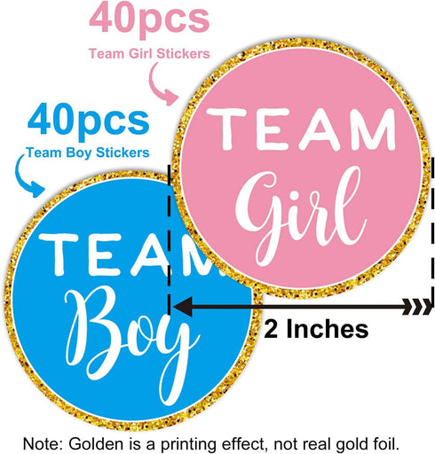 Gold Gender Reveal Stickers, 80 Pack Team Boy and Team Girl Baby Shower Labels, 2 Inch