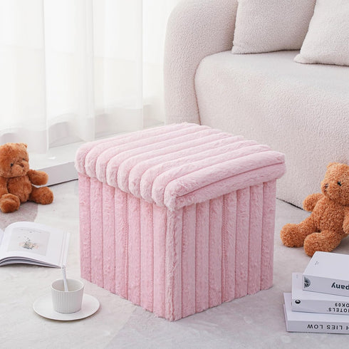 15x15x13 Inch, 265lbs Wenqik Pink Storage Ottoman Cube, Fluffy and Furry Square Foot Rest Stool, Foldable Storage